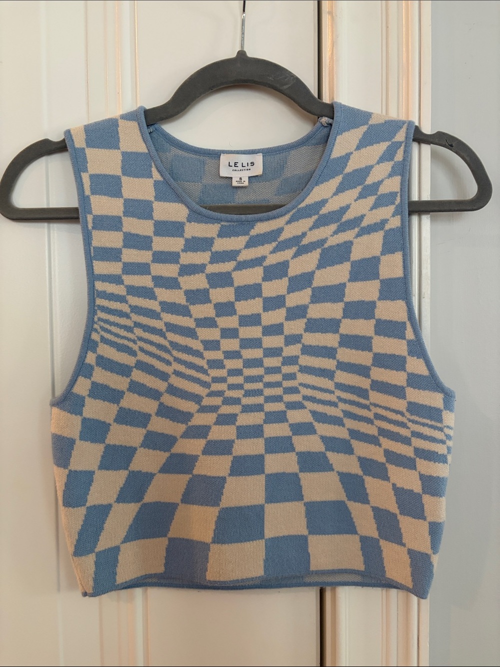 Le Lis Blue & Cream Optical Checker Knit Crop Tank or Sweater Vest